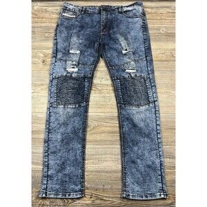 Benjamin Franklin Jeans Destroyed Straight Leg Mens 38X31 Stretchy Acid Wash